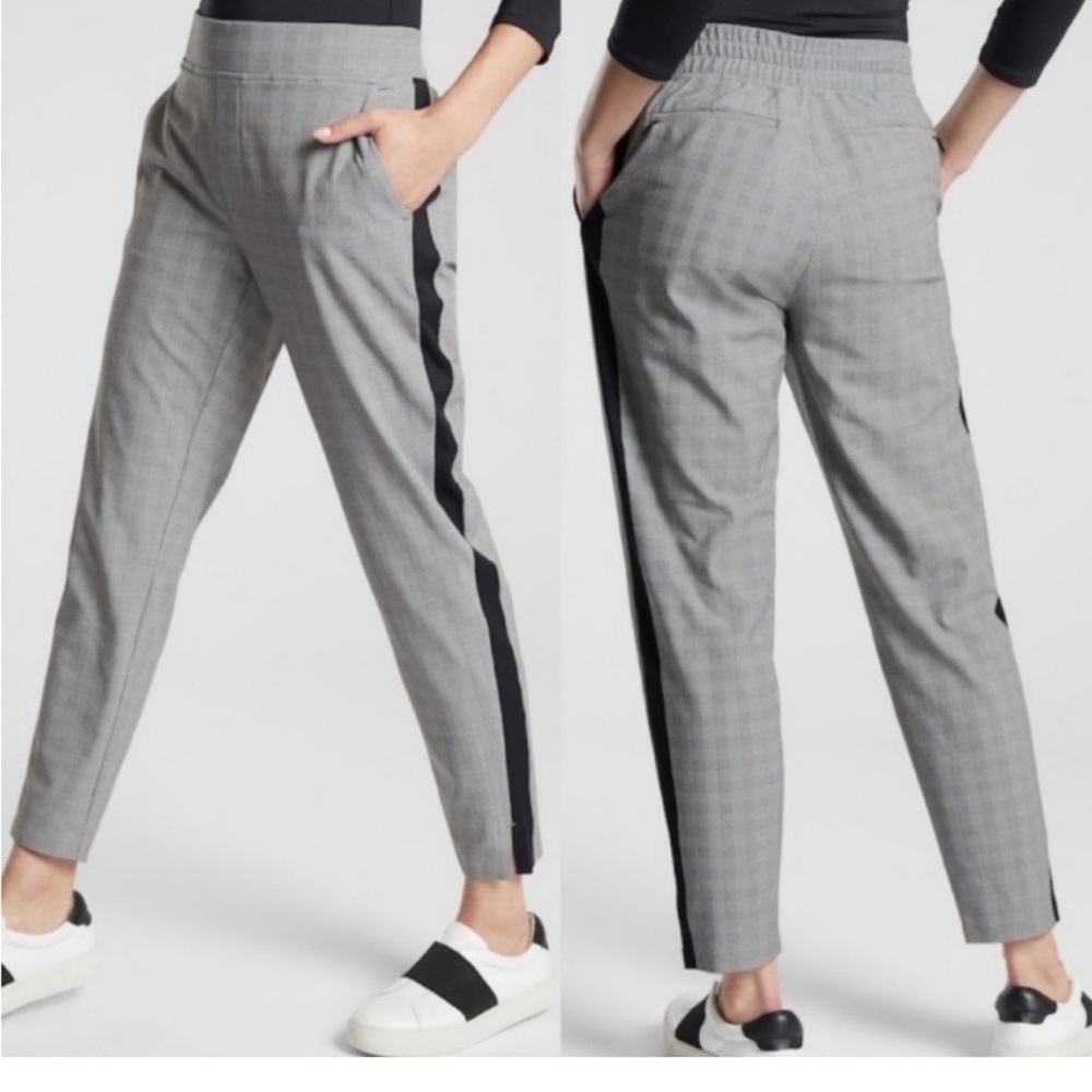 Women's Gray Plaid Tailored Jogger Pants with Black Side Stripe